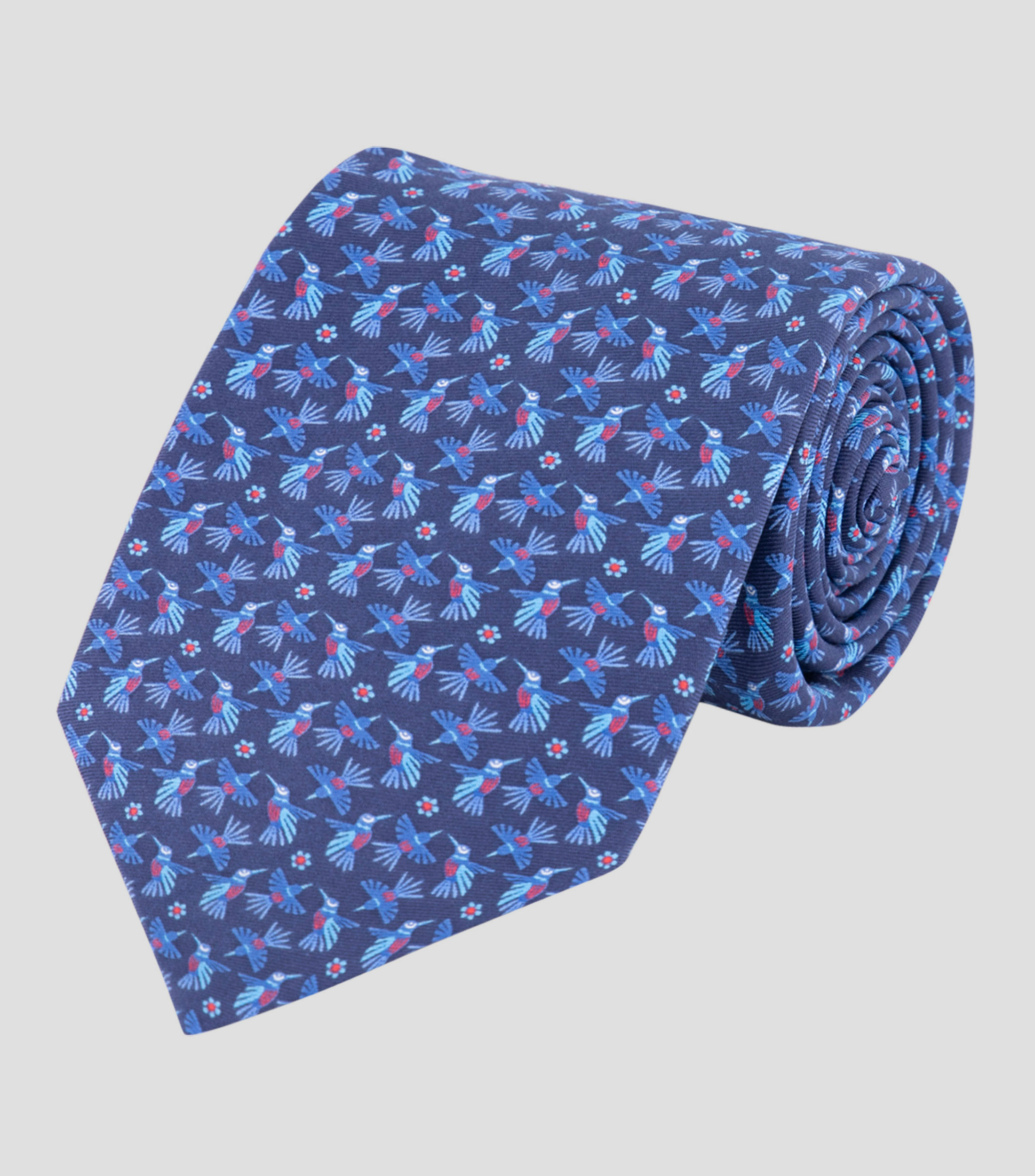 Corbata ancha en seda azul con colibríes
